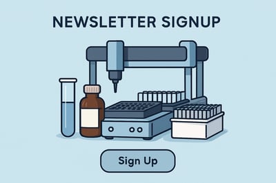 Newsletter signup illustration featuring lab automation equipment and containers